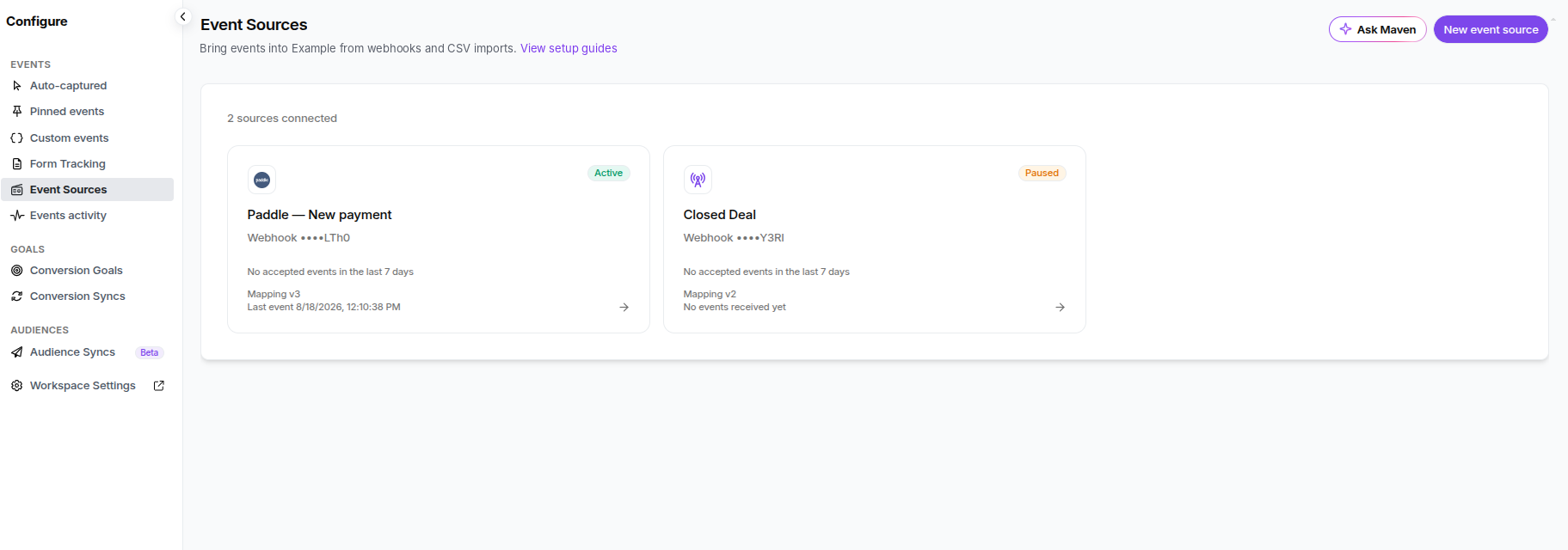 Usermaven Event Sources example for importing webhook, billing, and external-system events