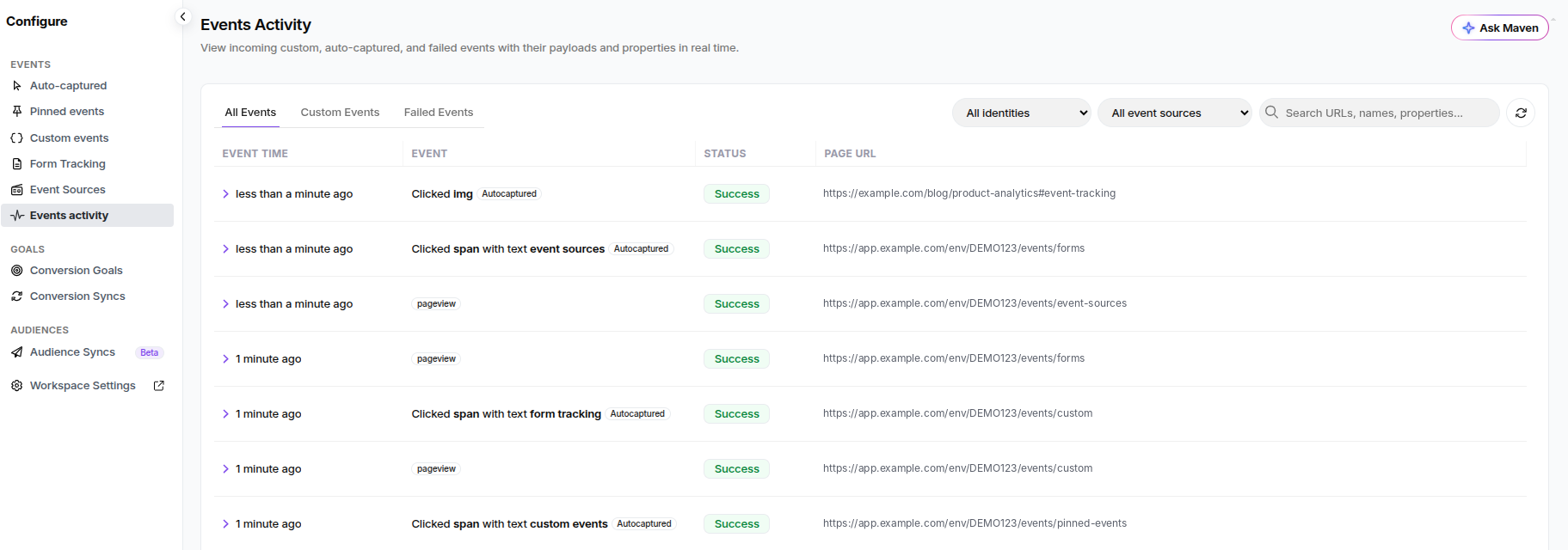 Usermaven Events Activity example for validating event status, properties, source URLs, and failures