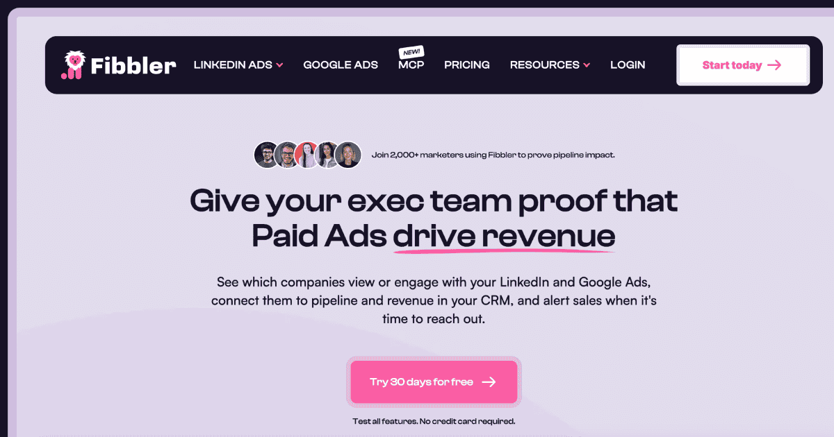 Fibbler homepage showing marketing analytics platform proving paid ads drive revenue with LinkedIn and Google Ads performance analytics tools.