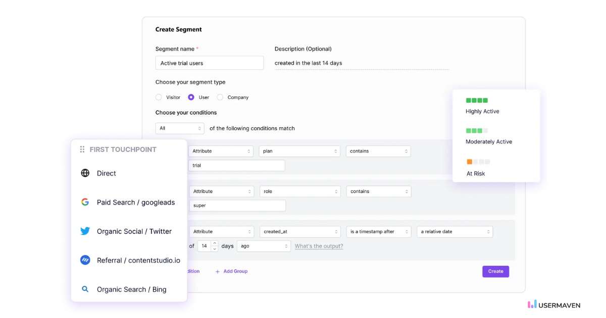 Create customized user segments to gain deeper insights and refine marketing strategies in Usermaven.
