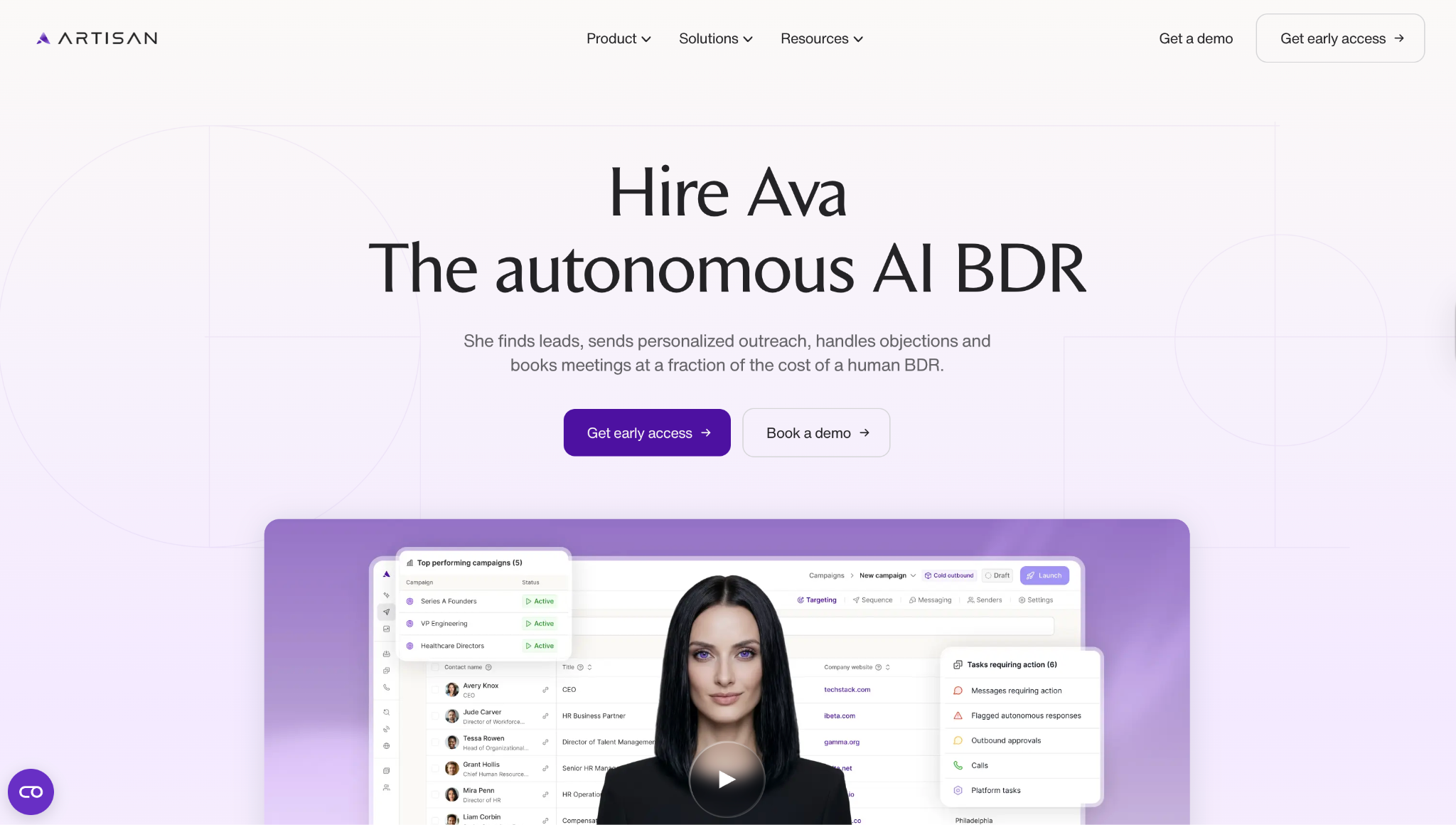 Artisan homepage hero section showing Hire Ava autonomous AI BDR platform with CTA buttons and AI sales assistant dashboard interface featuring a female virtual assistant avatar.

