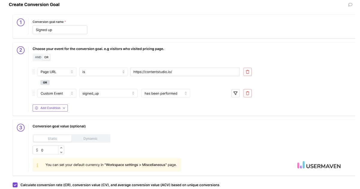 Making conversion goals in Usermaven