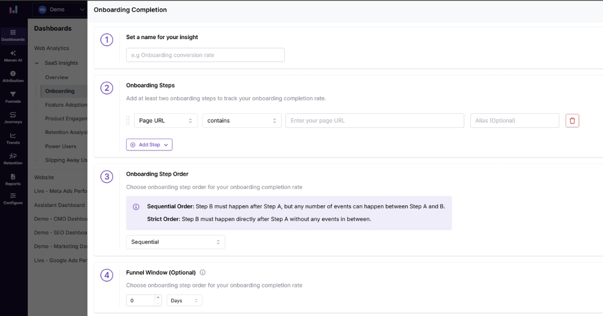 Onboarding funnel setup - Usermaven