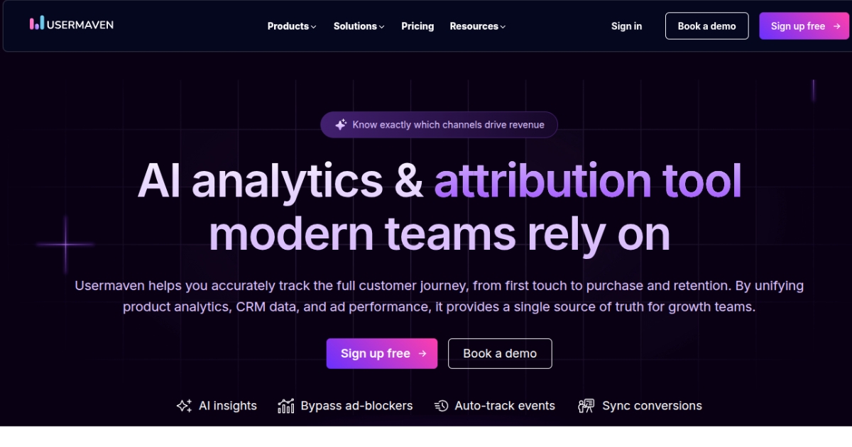 Usermaven homepage showcasing AI analytics and attribution dashboard — premium ad tracking software for modern marketing teams.