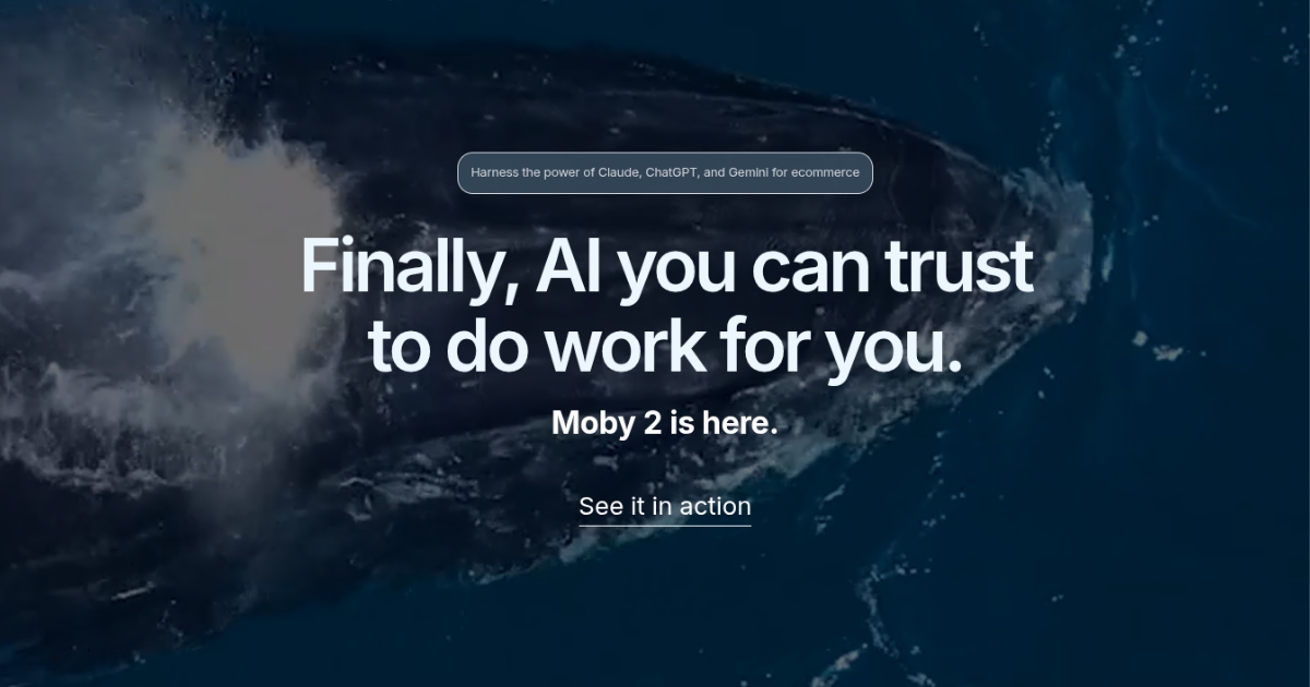 Triple Whale homepage featuring Moby 2 launch banner with AI‑powered ecommerce messaging and brand logos.