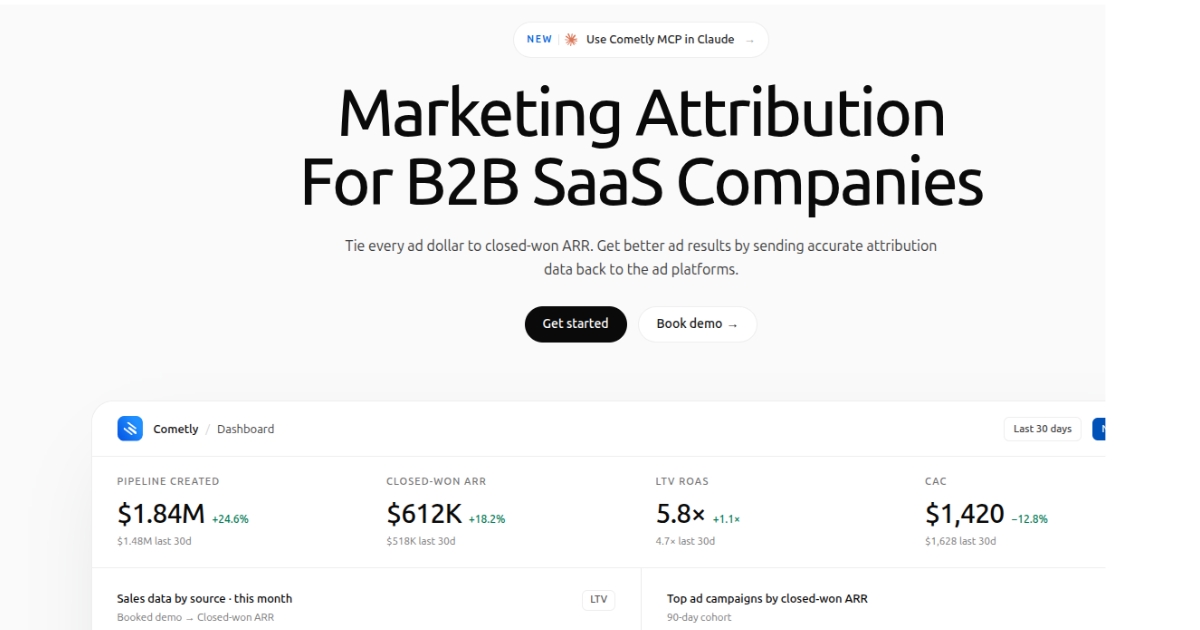 Cometly homepage showing marketing attribution dashboard for B2B SaaS companies, highlighting revenue metrics and closed‑won ARR performance.