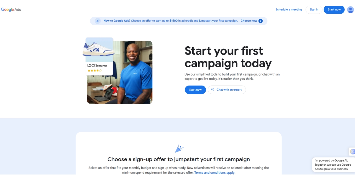 Google Ads homepage showing prompt to start first campaign with ad credit offer and expert chat options.