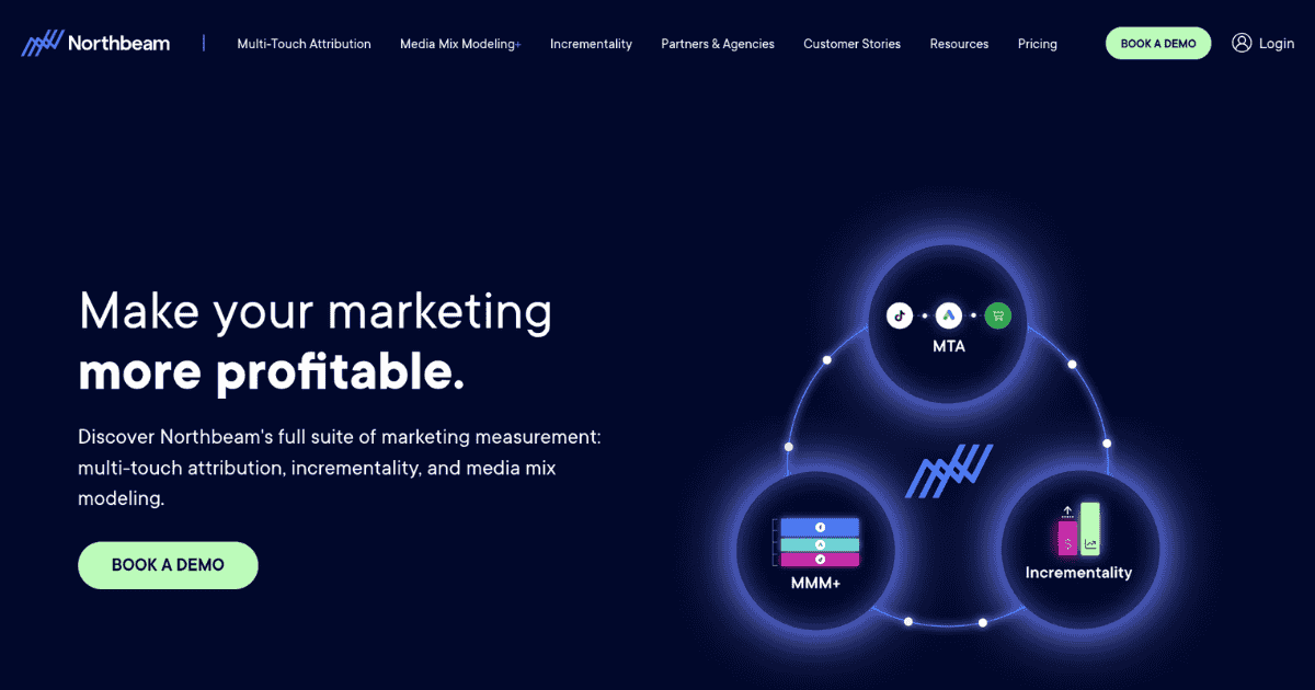 Northbeam homepage showing marketing measurement suite with multi-touch attribution, media mix modeling, and incrementality testing
