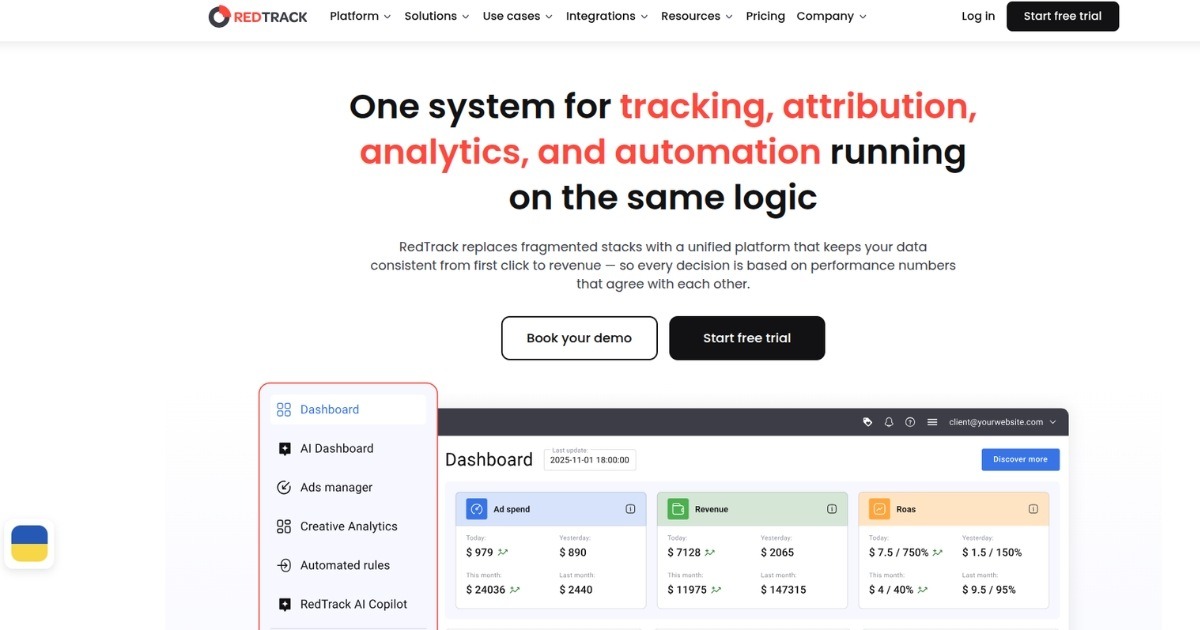 RedTrack homepage showing unified tracking, attribution, analytics, and automation dashboard with ad spend, revenue, and ROAS metrics.