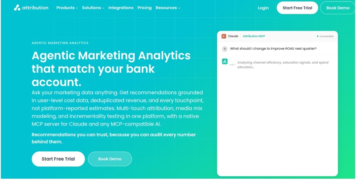 AttributionApp homepage showing Agentic Marketing Analytics interface with Claude AI chat analyzing ROAS optimization.