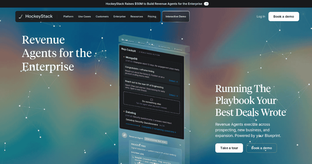 HockeyStack homepage showing revenue agents for enterprise. 