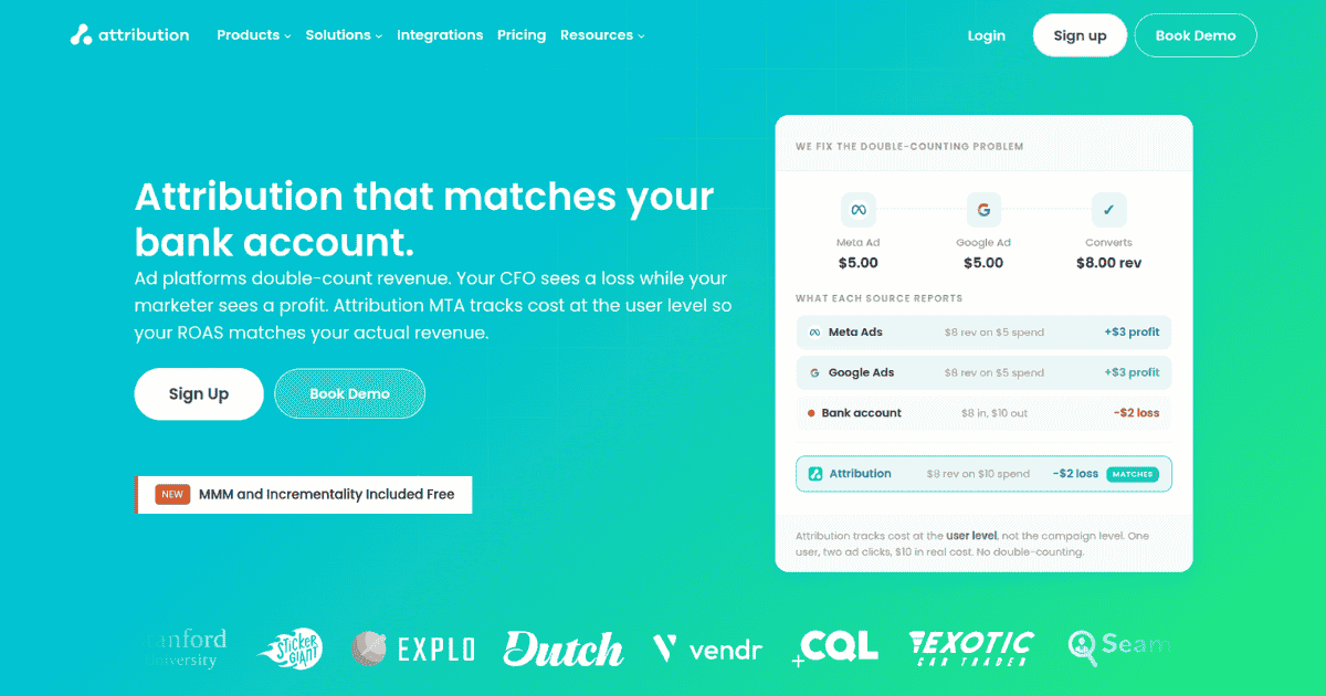 AttributionApp homepage showing multi-touch attribution dashboard that fixes double-counting.