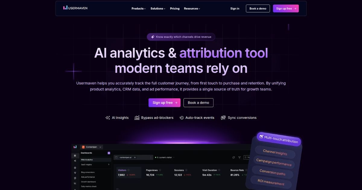 Usermaven homepage showing AI analytics and attribution platform.