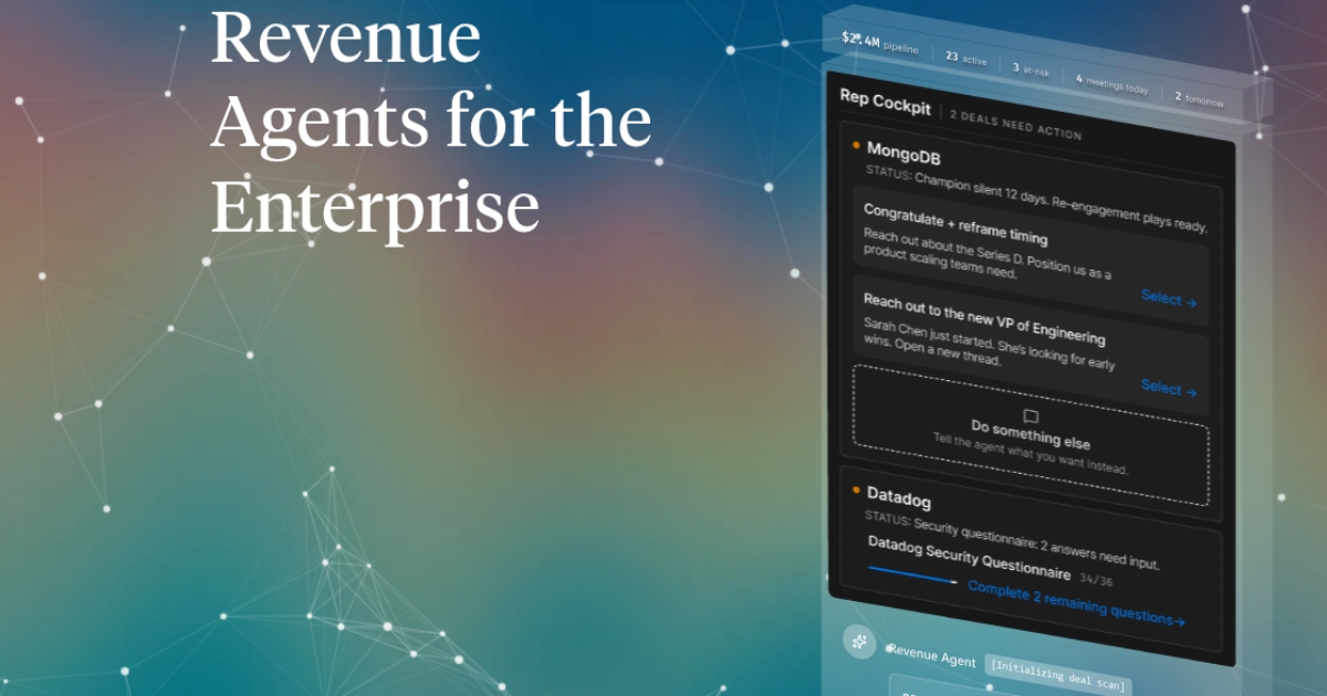 “HockeyStack homepage showing enterprise revenue attribution interface with Rep Cockpit dashboard and tagline ‘Revenue Agents for the Enterprise.