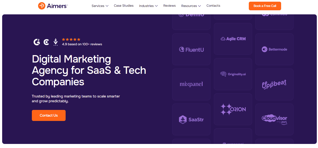 Aimers homepage showcasing a digital marketing agency for SaaS and tech companies with client logos and a 4.9‑star rating.