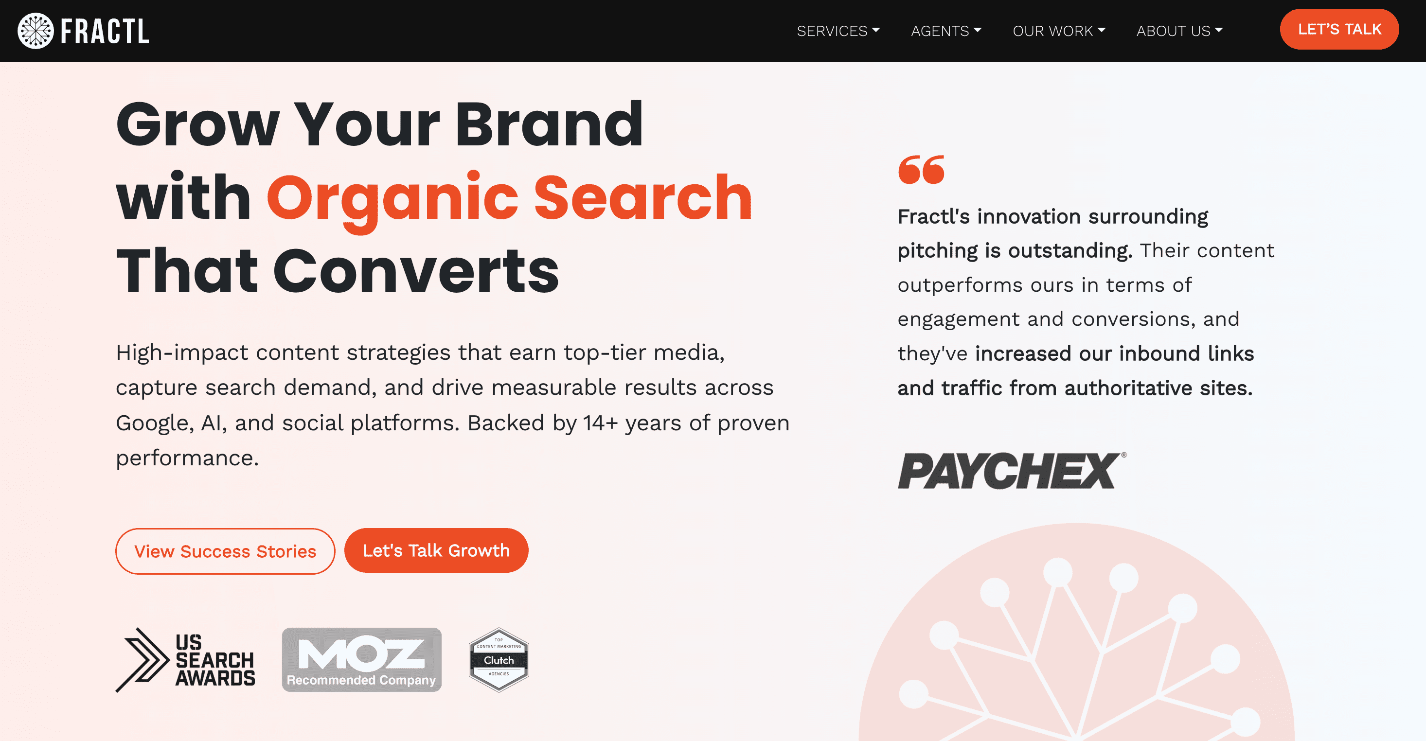 Fractl homepage banner highlighting organic search marketing services with testimonials from Paychex and industry awards.