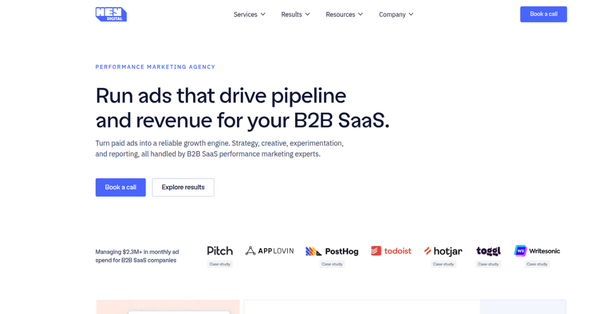 Hey Digital homepage banner with headline about running ads that drive pipeline and revenue for B2B SaaS, featuring call‑to‑action buttons and client logos on a clean white background.