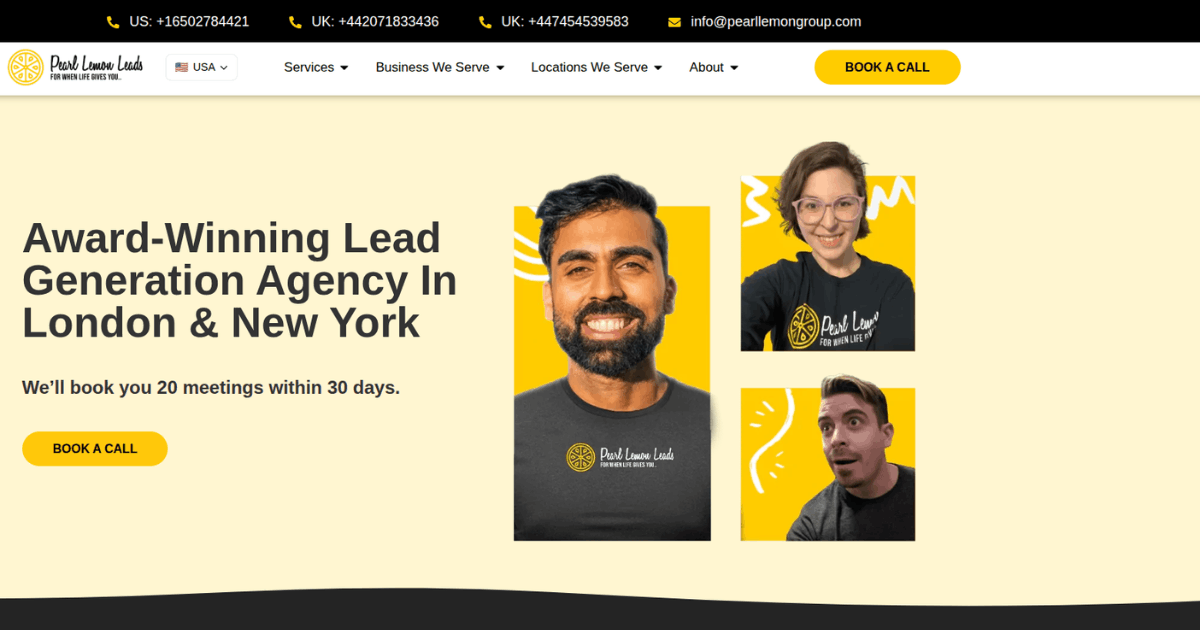 Pearl Lemon Leads homepage banner showcasing award‑winning lead generation agency in London and New York with team portraits and call‑to‑action.