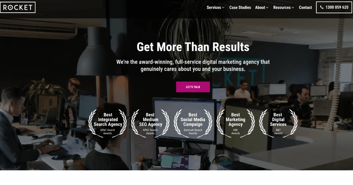 Rocket Agency homepage banner featuring award‑winning full‑service digital marketing team with headline “Get More Than Results” and multiple industry awards.