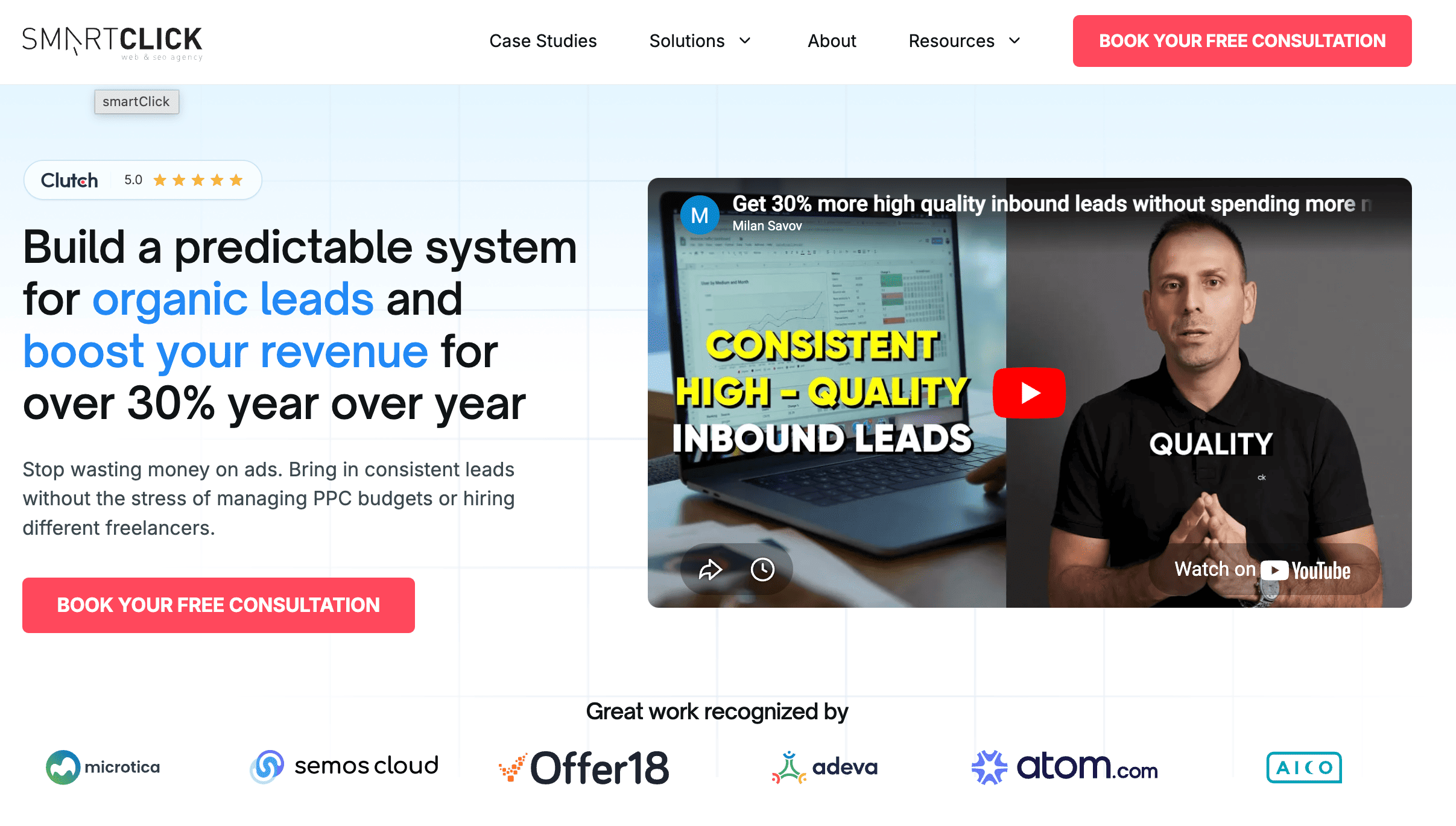 SmartClick homepage banner highlighting SEO and lead generation services with video on consistent inbound leads.