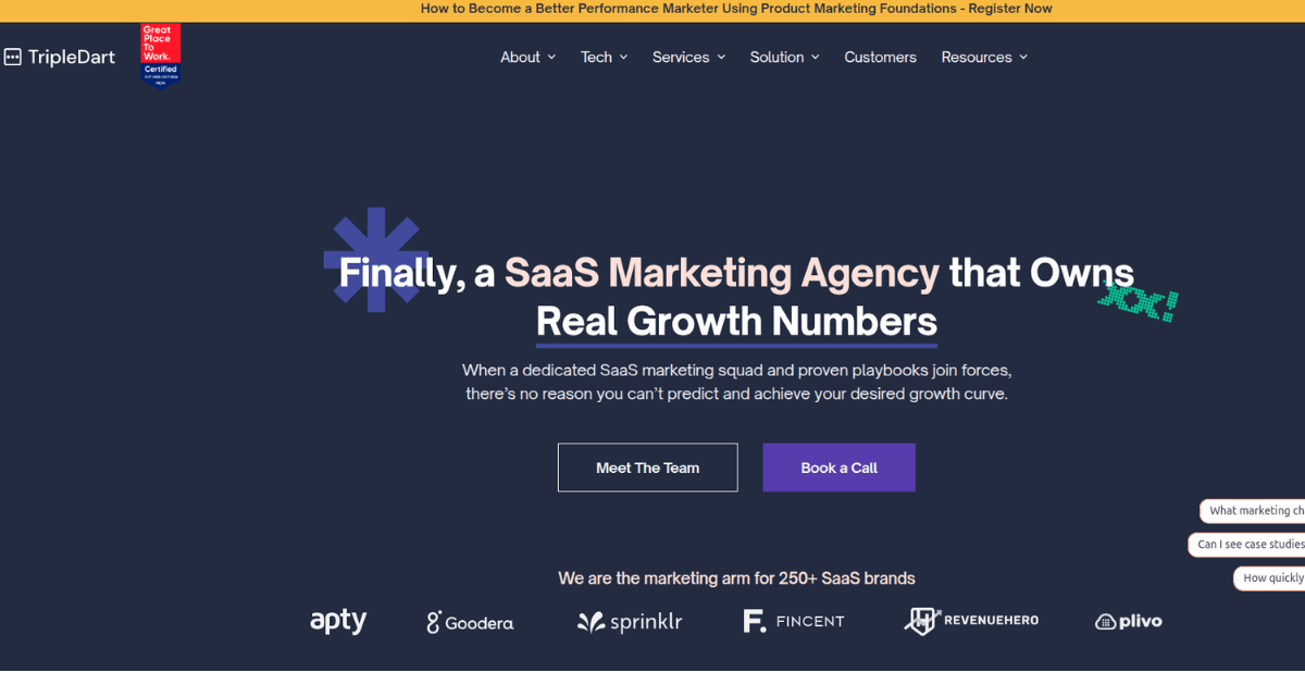TripleDart homepage banner featuring headline Finally a SaaS marketing agency that owns real growth numbers with call‑to‑action buttons and SaaS brand logos.