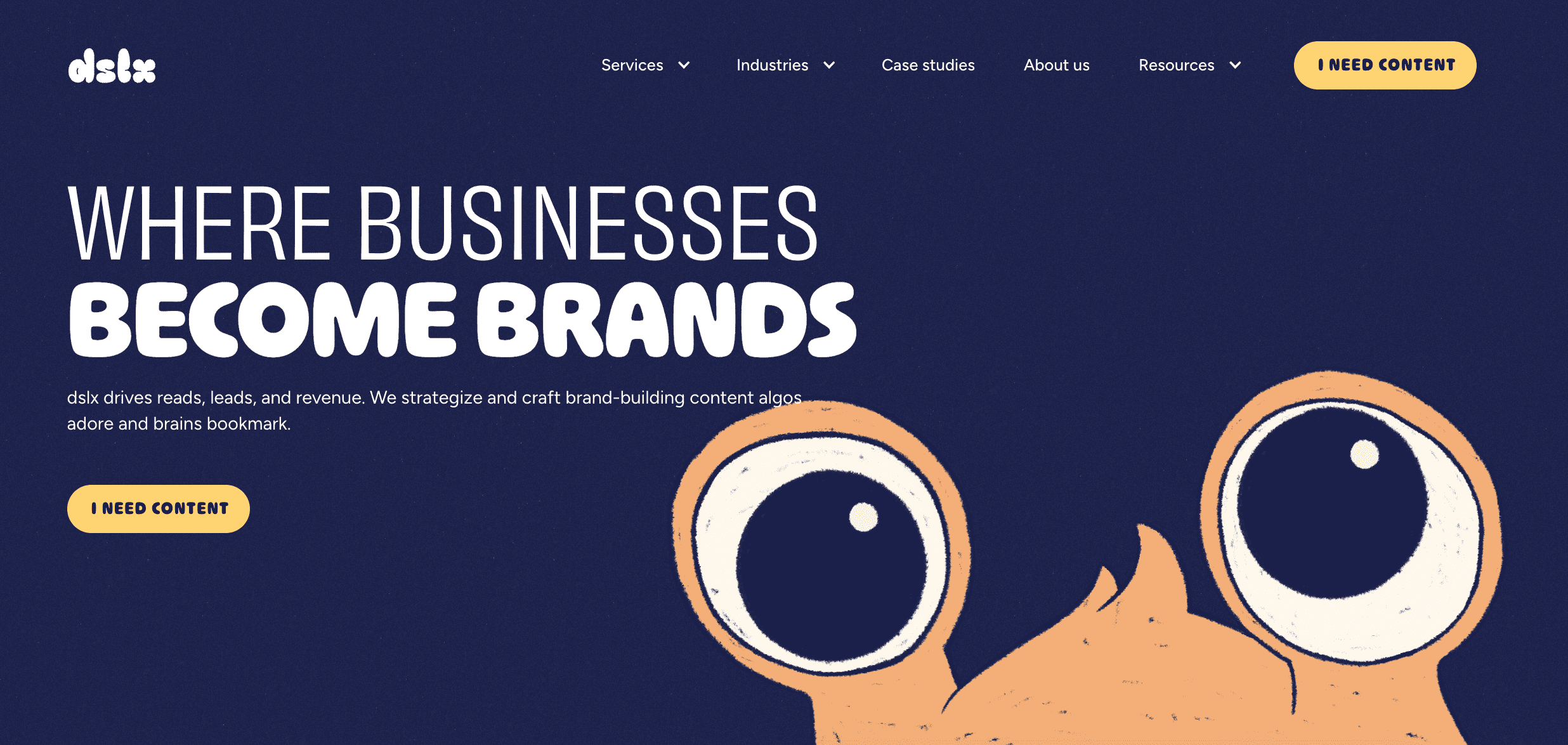 dslx homepage banner with slogan “Where businesses become brands” and illustrated character eyes.