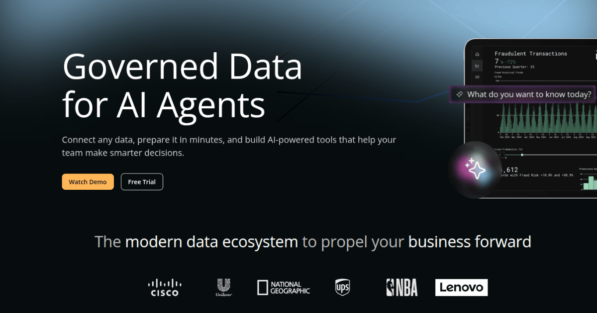 Domo homepage showcasing AI‑powered data platform with dashboards, automation, and governed performance analytics tools.