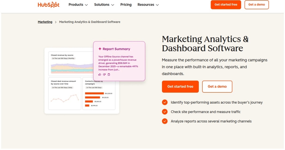 HubSpot marketing analytics dashboard showing campaign performance metrics and reports for performance analytics tools.