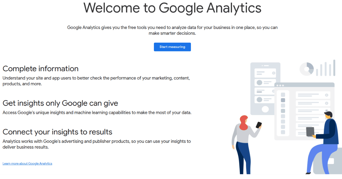 Google Analytics homepage showing features and insights for marketing performance analytics tools with data tracking and reporting visuals.