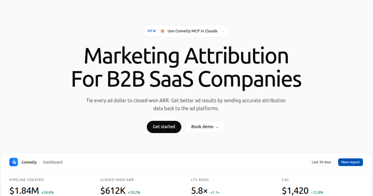 Cometly homepage showcasing marketing attribution and performance analytics tools for tracking ad revenue and conversions.