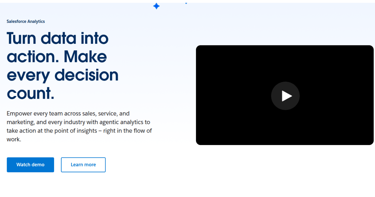 Salesforce Analytics homepage showing AI‑powered data platform with dashboards, insights, and performance analytics tools for business teams