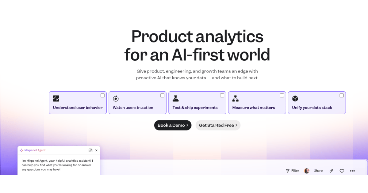 Mixpanel homepage showcasing AI‑powered product analytics platform with insights, user behavior tracking, and performance analytics tools.