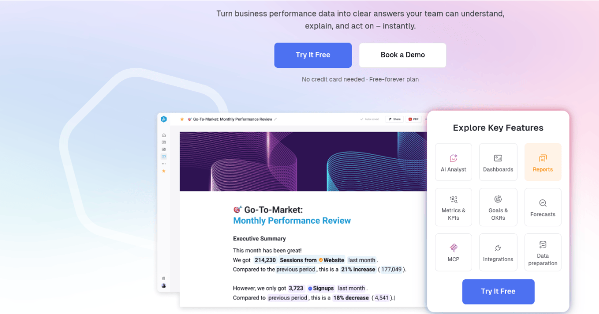 Databox homepage showing business intelligence dashboards, KPI tracking, and performance analytics tools for teams.