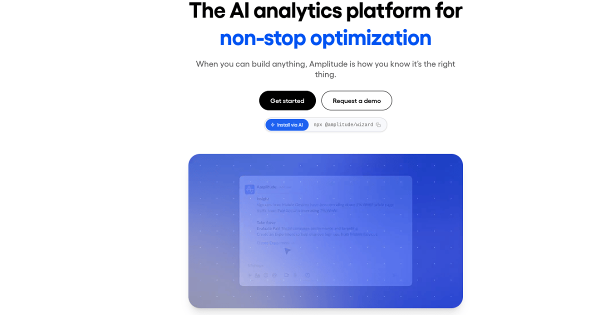 Amplitude homepage displaying AI analytics and performance analytics tools for modern digital teams.