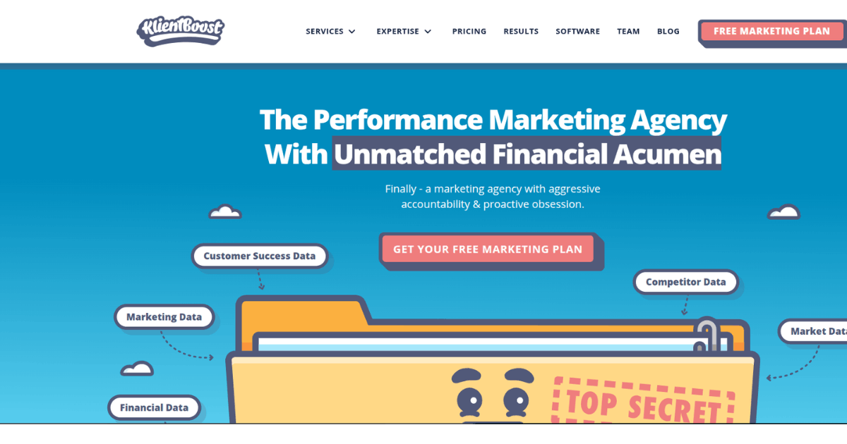 KlientBoost homepage banner with an illustrated folder graphic and floating data labels on a blue background.