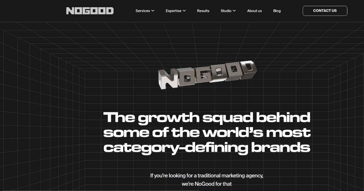 NoGood homepage banner with 3D metallic logo and tagline describing the agency as the growth squad behind category‑defining brands on a dark grid background.