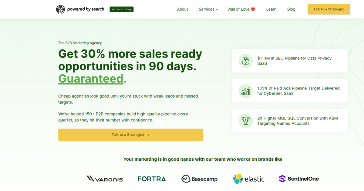 Powered by Search homepage banner with headline about boosting B2B sales opportunities, featuring green background.