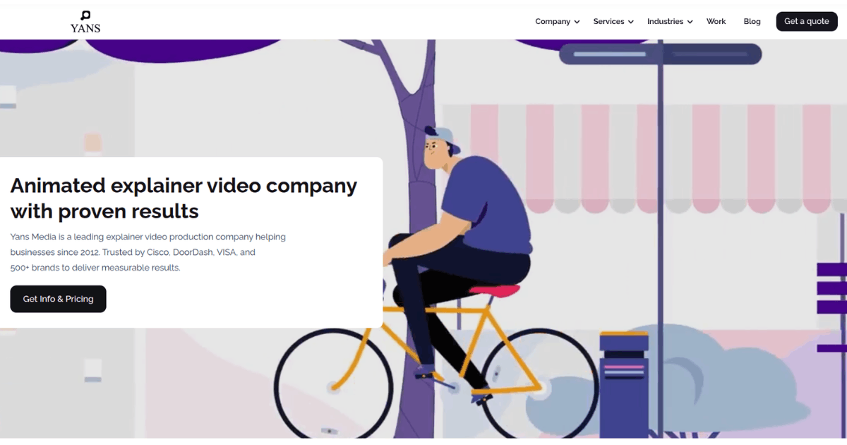 Yans Media homepage banner with illustrated person riding a bicycle beside a storefront, featuring headline about animated explainer video company and a call‑to‑action button for info and pricing.