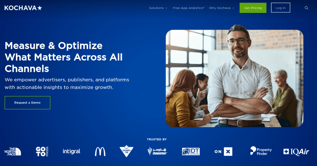 Kochava homepage with blue background showing headline ‘Measure & Optimize What Matters Across All Channels,’ featuring a confident man in an office and logos of trusted brands like McDonald’s and The North Face