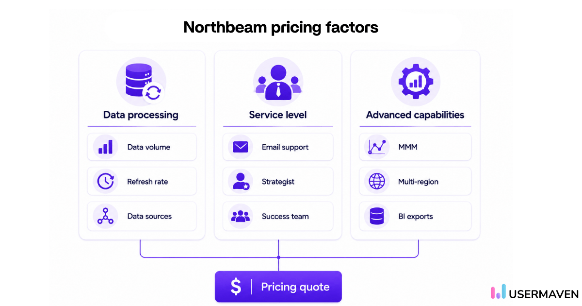 Northbeam pricing factors: data processing, service level, and advanced capabilities.