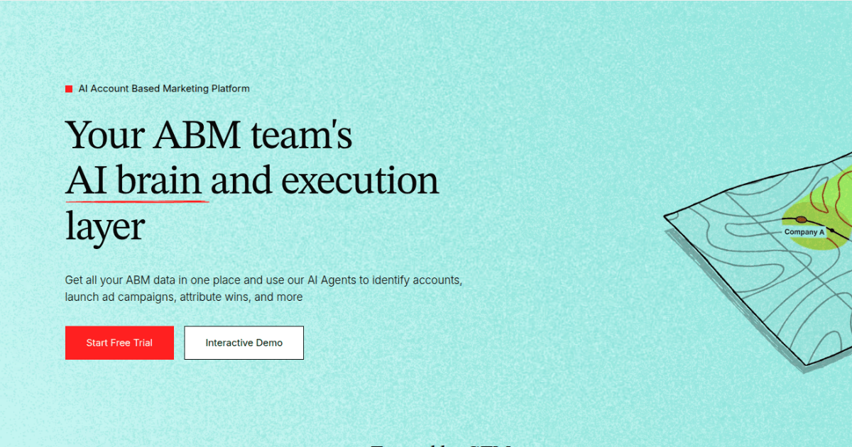 Factor AI homepage promoting account‑based marketing platform with turquoise background, red buttons, and illustrated map labeled