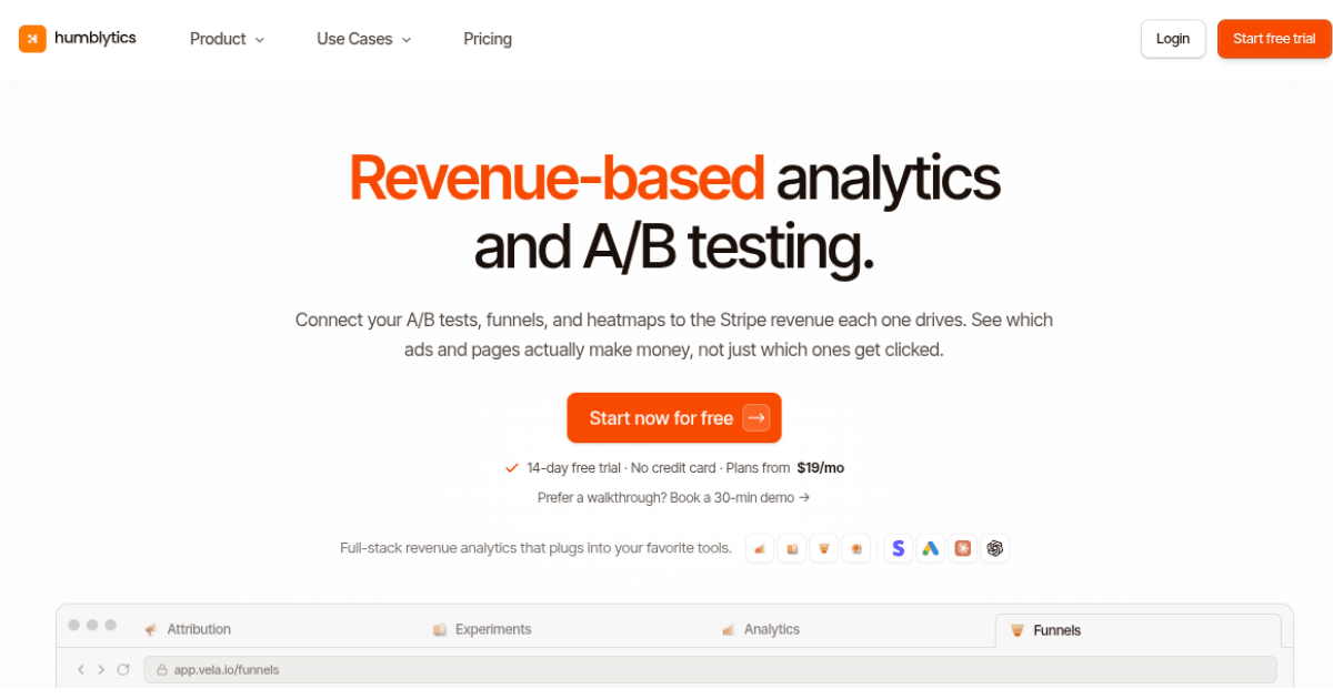 Humblytics homepage highlighting revenue‑based analytics and A/B testing with orange call‑to‑action button and clean white layout