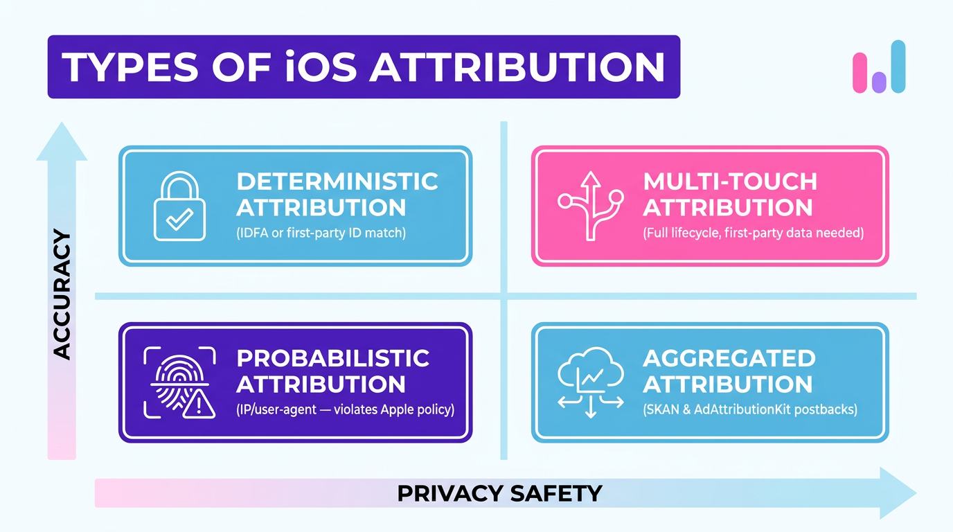 Four types of iOS attribution methods compared visually