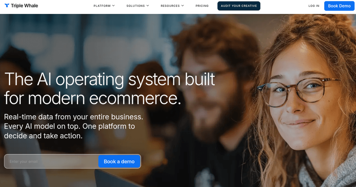 Homepage of Triple Whale showing tagline “The AI operating system built for modern ecommerce,”