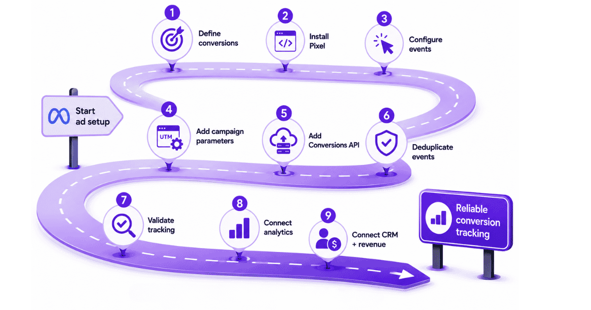 Facebook ad conversion tracking setup with Meta Pixel, conversion events, URL parameters, CAPI, and validation