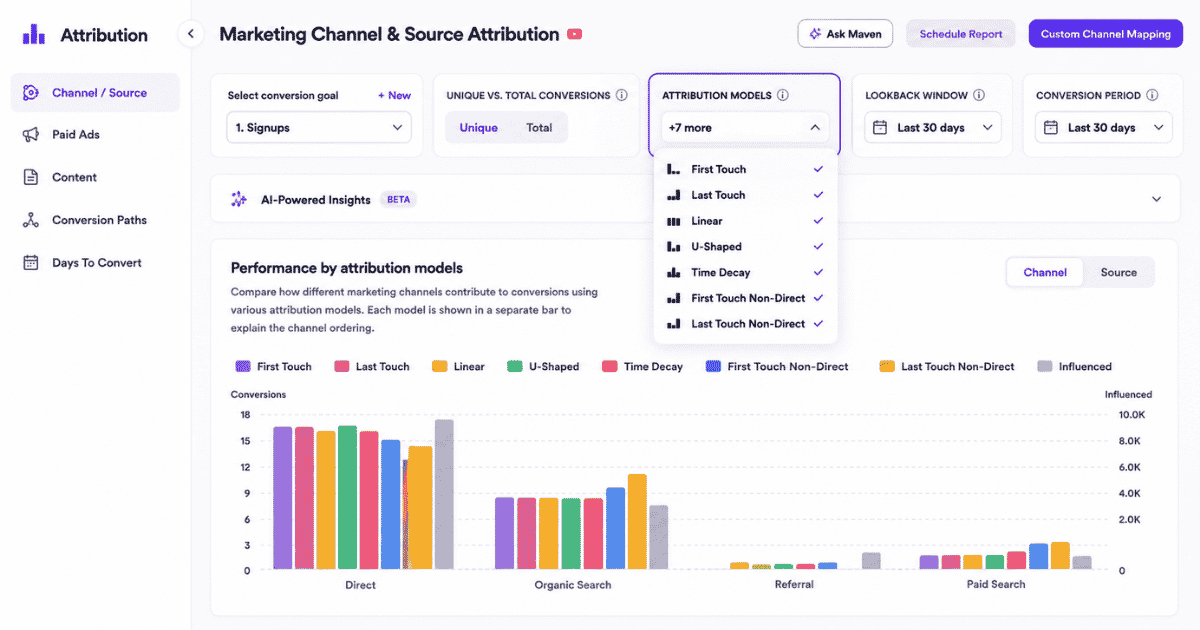 7 attribution models in Usermaven