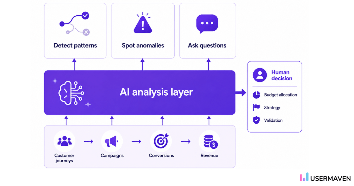 AI analysis layer: Detects patterns, spots anomalies, asks questions, and aids human decisions on budget, strategy, and validation.