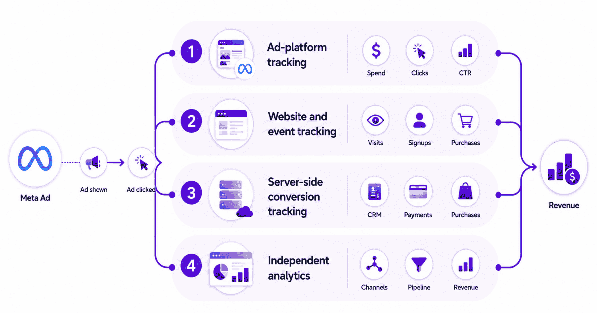 Facebook ad tracking flow from Meta Ads Manager to website events, server-side conversions, and independent attribution