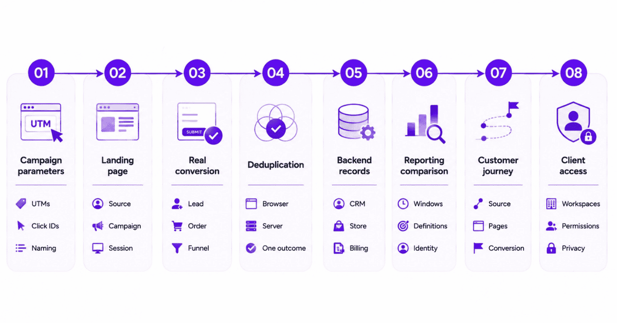 Eight-step agency ad tracking audit workflow